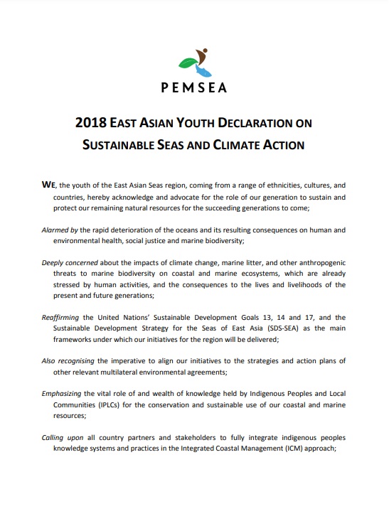 2018 East Asian Youth Declaration on Sustainable Seas and Climate Action