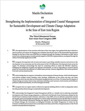 Manila Declaration on Strengthening the Implementation of the Integrated Coastal Management for Sustainable Development and Climate Change Adaptation in the Seas of East Asia Region