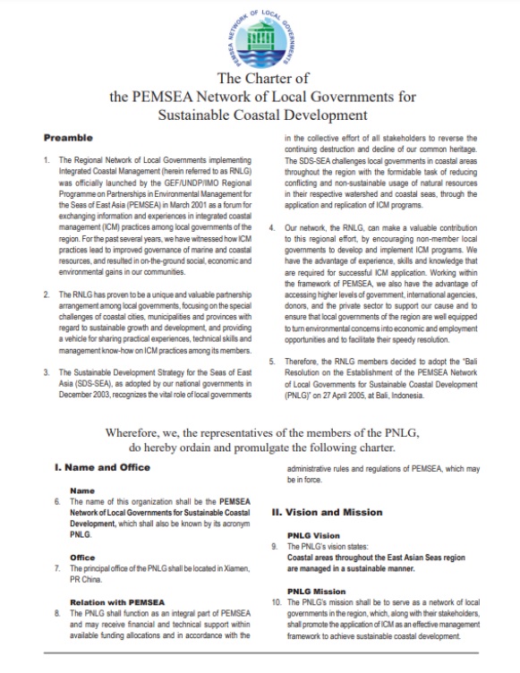 The Charter of the PEMSEA Network of Local Governments for Sustainable Coastal Development (PNLG Charter)