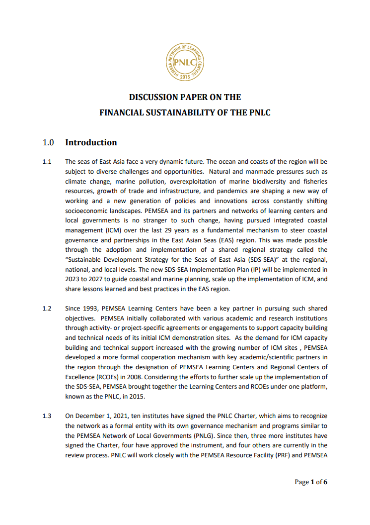 Discussion paper on achieving financial sustainability for the PEMSEA Network of Learning Centers (PNLC)